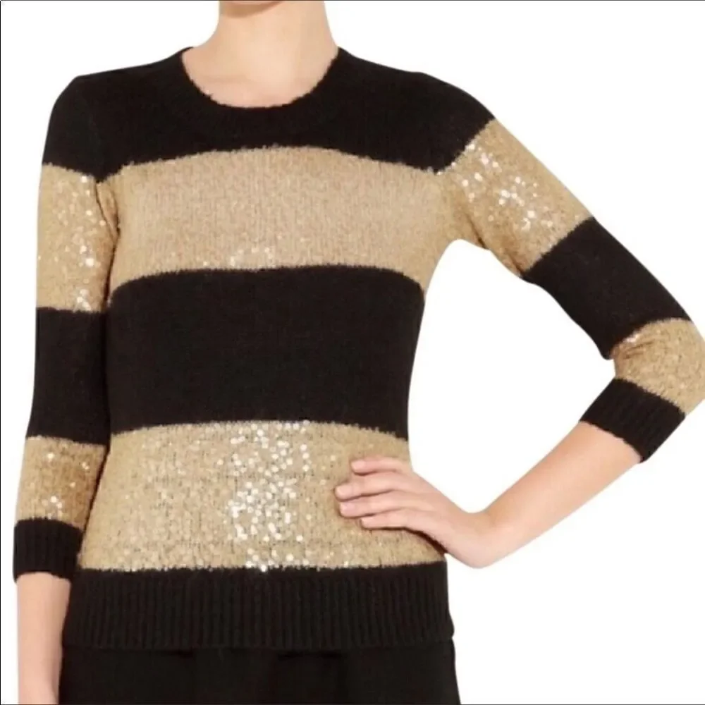 J. Crew Sequin Sweater, Black Gold Stripe Sequin Crew Sweater XS‎